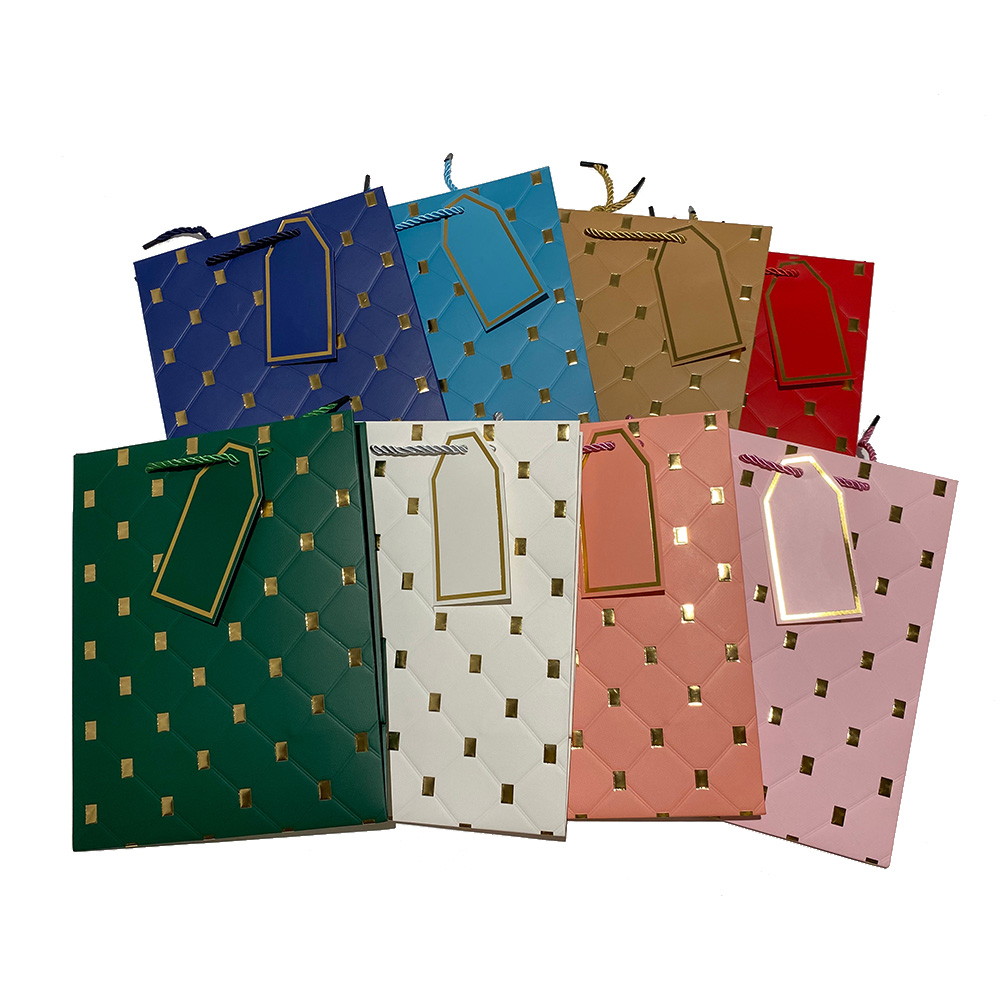 Custom Luxury Paper Packaging Set: Embossed Foil-Stamped Gift Bags with Matching Brand Hang-Tags