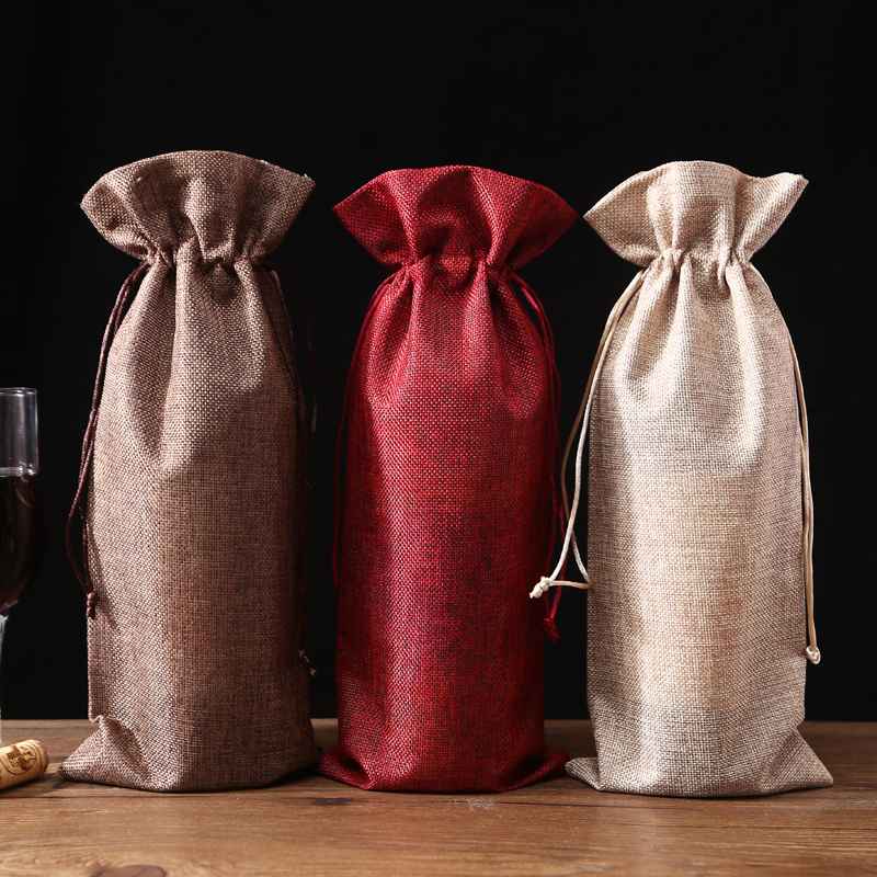  Drawstring Wine Bags Dustproof Jute Wine Package Solid Linen Gift Bags With Hangtag Jute Rope